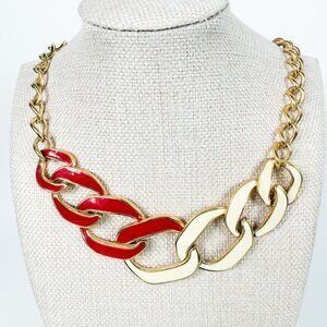 Monet Red Cream Enamel Gold-Tone Chain Link Necklace Chunky Statement